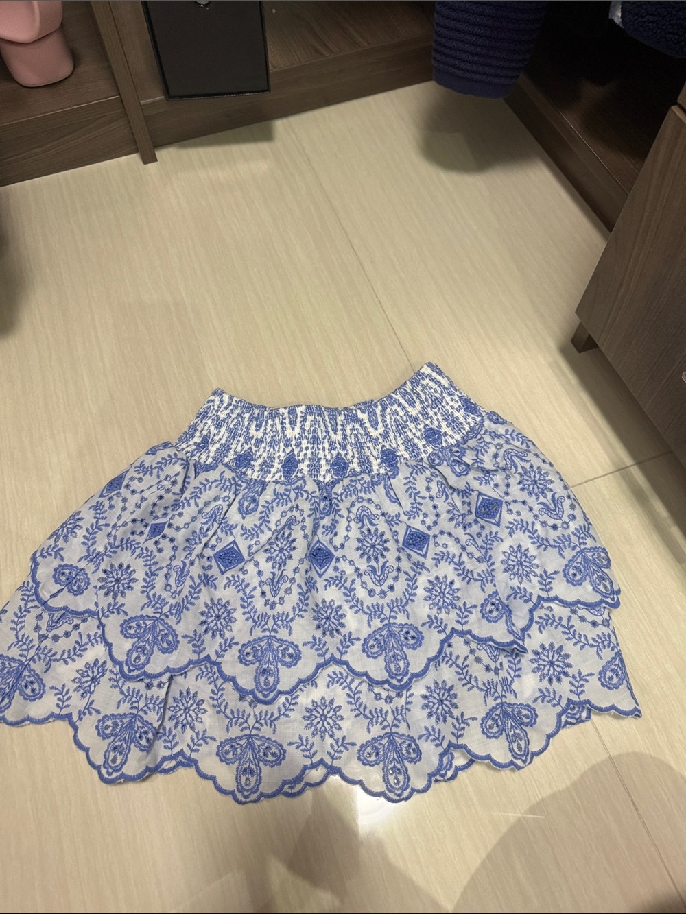 White Mini Skirt with Blue Floral Embroidery